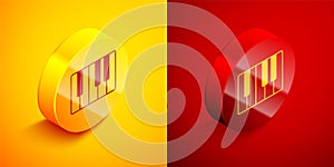 Isometric Music synthesizer icon isolated on orange and red background. Electronic piano. Circle button. Vector