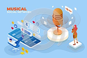 Isometric Musical social network and digital sound wave concept. Musical melody design. Soundwave audio music. Voice