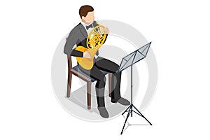 Isometric musician playing Golden french horn in the hall in hard light isolated on white background. Music instrument.