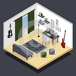 Isometric musician s room. Vector isometric home music recording studio with related equipment.