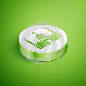 Isometric Muslim Mosque icon isolated on green background. White circle button. Vector Illustration
