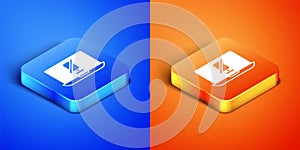 Isometric Mute microphone on laptop icon isolated on blue and orange background. Microphone audio muted. Square button