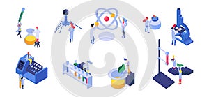 Isometric nano technology and science people vector illustration, nanotechnology development set