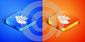 Isometric Native American Indian icon isolated on blue and orange background. Square button. Vector