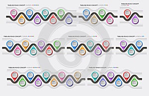 Isometric navigation map infographic 2-9 steps timeline concept. Winding road.