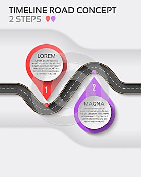 Isometric navigation map infographic 2 steps timeline concept. Winding road.