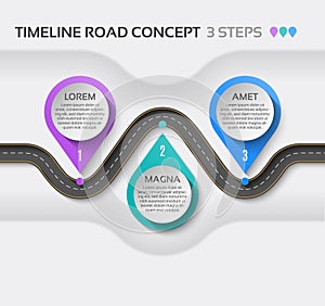 Isometric navigation map infographic 3 steps timeline concept. Winding road.