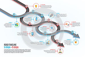 Isometric navigation map infographic 5 steps timeline concept. Winding road.