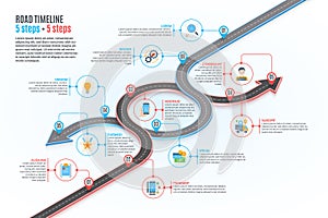Isometric navigation map infographic 5 steps timeline concept. Winding road.