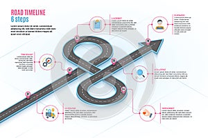 Isometric navigation map infographic 6 steps timeline concept. Winding road.