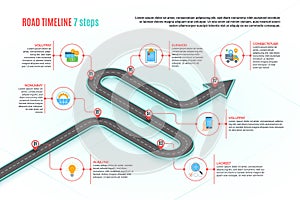 Isometric navigation map infographic 7 steps timeline concept. Winding road.