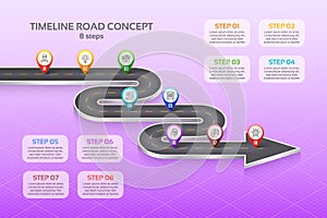 Isometric navigation map infographic 8 steps timeline concept. W