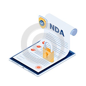 Isometric NDA Document with Shield and Lock on Digital Tablet