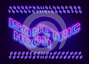 Isometric Neon alphabet font. Bright neon colors letters and numbers.