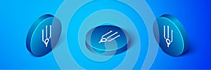 Isometric Neptune Trident icon isolated on blue background. Blue circle button. Vector