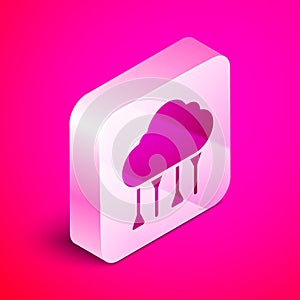 Isometric Network cloud connection icon isolated on pink background. Social technology. Cloud computing concept. Silver