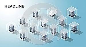 Isometric network of server racks and cloud connected by lines