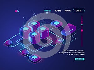 Isometric networking conncetion, internet network topology concept, server room, data center and database icon