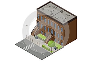 Isometric New York Old Manhattan Houses. Brooklyn Apartment. Old Abstract Building and Facade. Facades of Retro Houses