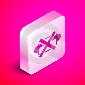 Isometric No junk food icon isolated on pink background. Prohibited hot dog. No Fast food sign. Silver square button