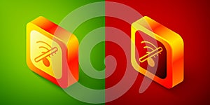Isometric No Wi-Fi wireless internet network symbol icon isolated on green and red background. Square button. Vector