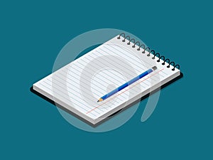 Isometric notebook with lined paper and pencil. Flat stationary copybook for writing text. Isometry open office book with spiral