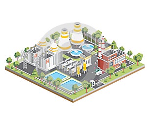 Isometric Nuclear Power Plant. Clean Energy. Generate Electricity. Exterior View of Nuclear Reactor