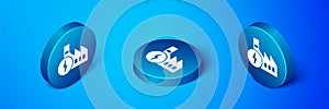 Isometric Nuclear power plant icon isolated on blue background. Energy industrial concept. Blue circle button. Vector