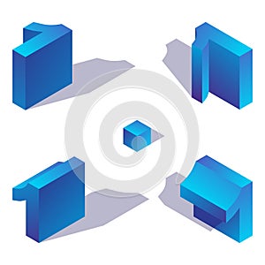 Isometric number 1 in various foreshortening views. One digit decorated with shadow and blue gradients, isolated on white