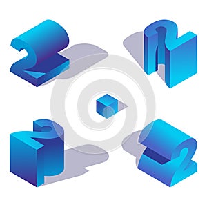 Isometric number 2 in various foreshortening. Blue gradients, vivid colors, shadow on white background