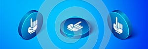 Isometric Number 1 one fan hand glove with finger raised icon isolated on blue background. Symbol of team support in