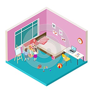 Isometric nursery. Two girls are playing with big dolls house. Vector happy childhood concept