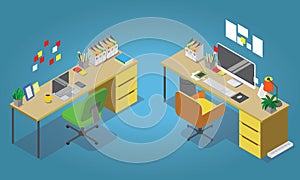 Isometric office concept vector illustration. Workplaces interior set