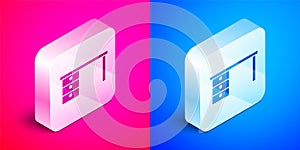 Isometric Office desk icon isolated on pink and blue background. Silver square button. Vector