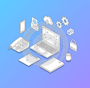 Isometric office desk illustration for IT solutions