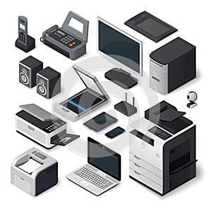 Isometric office equipment vector set.