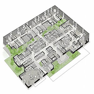 Isometric office floor plan showcasing a spacious open layout with workstations, photo
