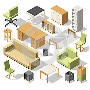 Isometric office furniture. 3d cabinet with table, chairs and armchair, sofa and shelves. Vector illustration set
