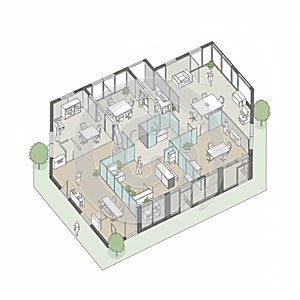 Isometric office layout illustration with open spaces, individual workstations, and photo