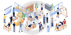 Isometric office people. Business workplace with tables computers and chairs, men and women bank professional team