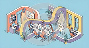 Isometric office scene depicting teamwork, collaboration, and various work environments with modern design