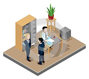 Isometric office scene. Working room interior with people