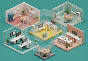 Isometric office spaces with desks and computers