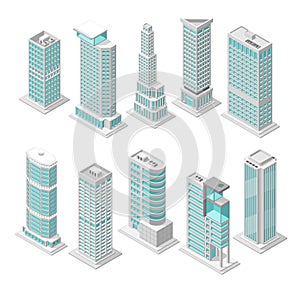 Isometric office urban buildings. Modern district architecture with skyscrapers. 3d simple apartments houses, downtown