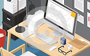 Isometric Office Workplace Vector Illustration