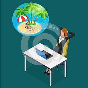 Isometric office worker or business woman in the workplace dreams of rest, vacation and travel. A break in the time of
