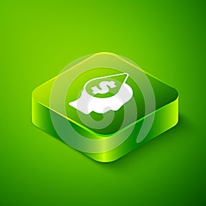 Isometric Oil drop with dollar symbol icon isolated on green background. Oil price. Oil and petroleum industry. Green