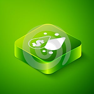 Isometric Oil drop with dollar symbol icon isolated on green background. Oil price. Oil and petroleum industry. Green