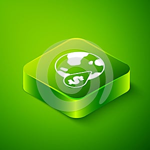 Isometric Oil drop with dollar symbol icon isolated on green background. Oil price. Oil and petroleum industry. Green