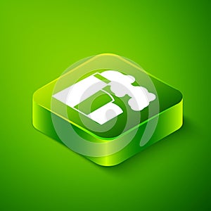 Isometric Oil and gas industrial factory building icon isolated on green background. Green square button. Vector